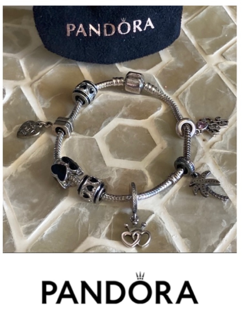 Pandora Moments snake chain barrel clasp bracelet w/6 charms